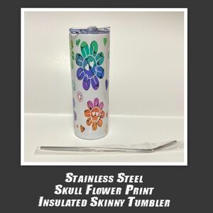 Stainless Steel Skull Flower Print Insulated Skinny Tumbler